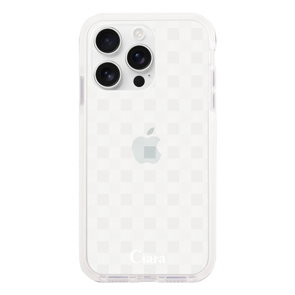 iPhone16ProMax クッションバンパー 耐衝撃クリアケース ギンガム ホワイト
