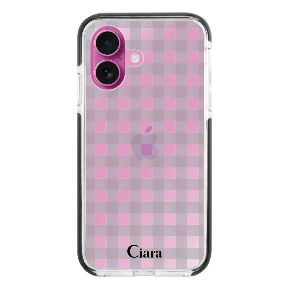 iPhone16Plusケース クッションバンパー 耐衝撃クリアケース ギンガム ブラック