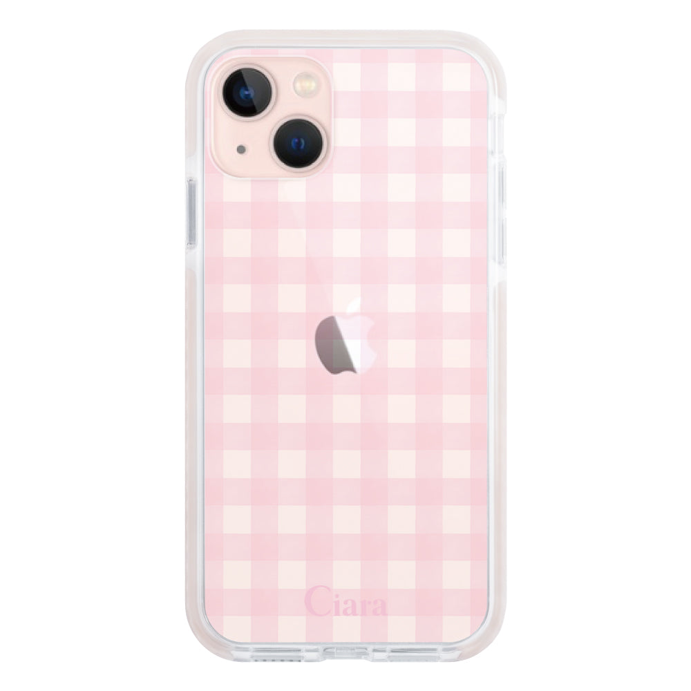 iPhone13 クッションバンパー 耐衝撃クリアケース ギンガム ピンク
