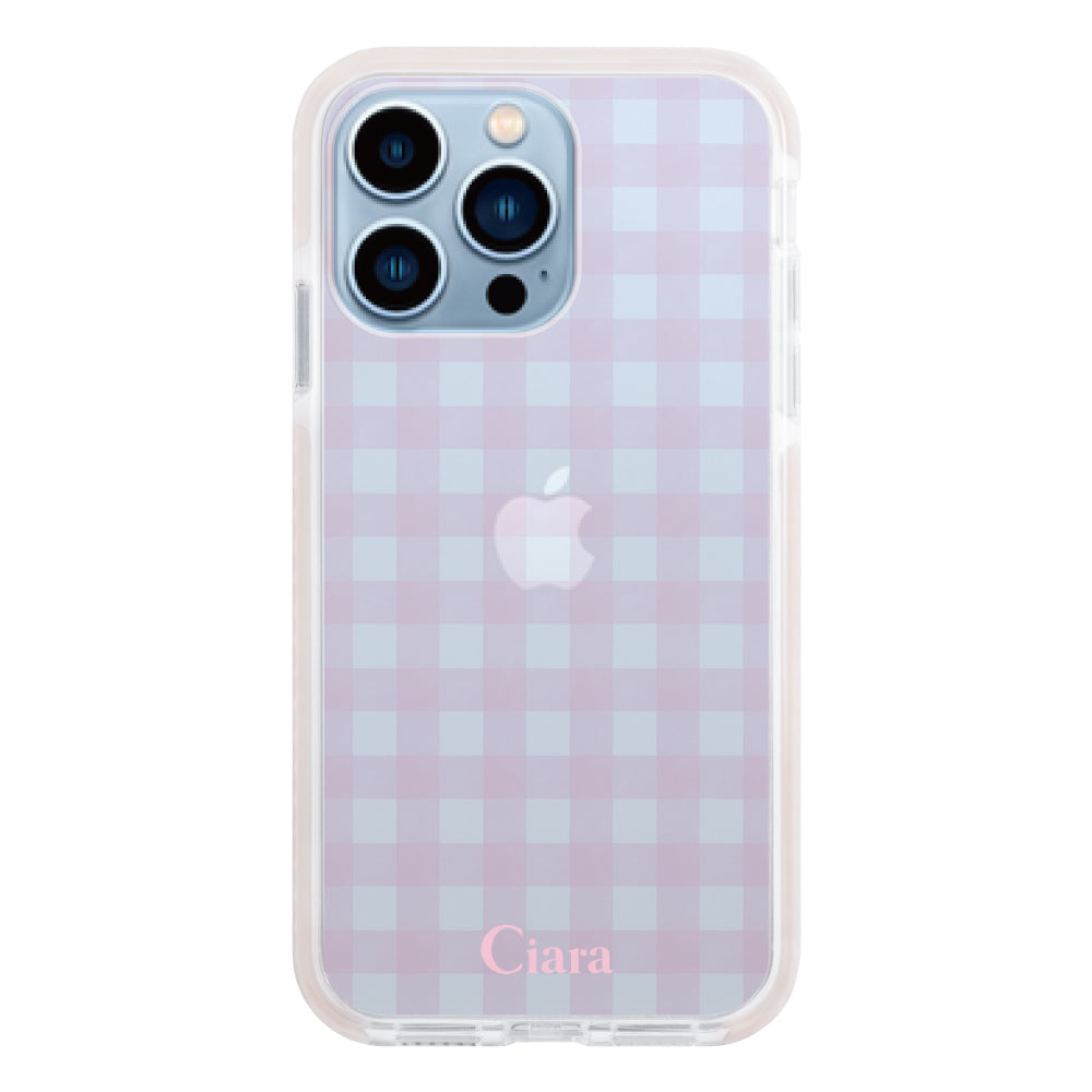 iPhone13ProMax クッションバンパー 耐衝撃クリアケース ギンガム ピンク