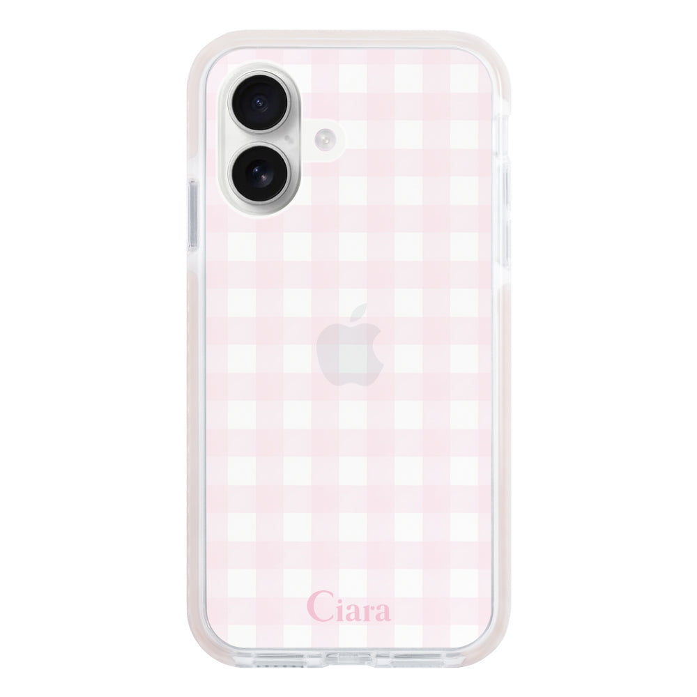 iPhone16 クッションバンパー 耐衝撃クリアケース ギンガム ピンク