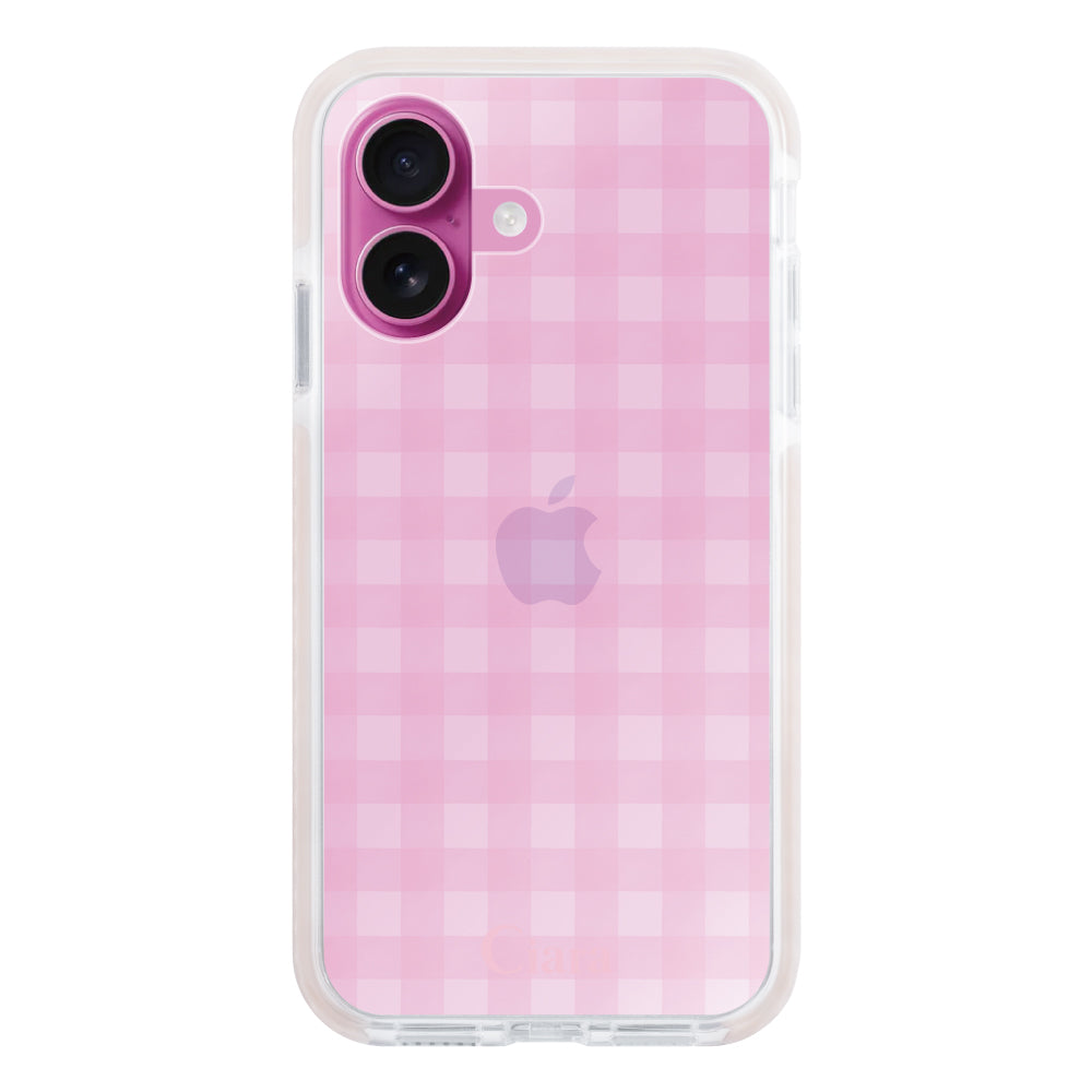 iPhone16Plus クッションバンパー 耐衝撃クリアケース ギンガム ピンク