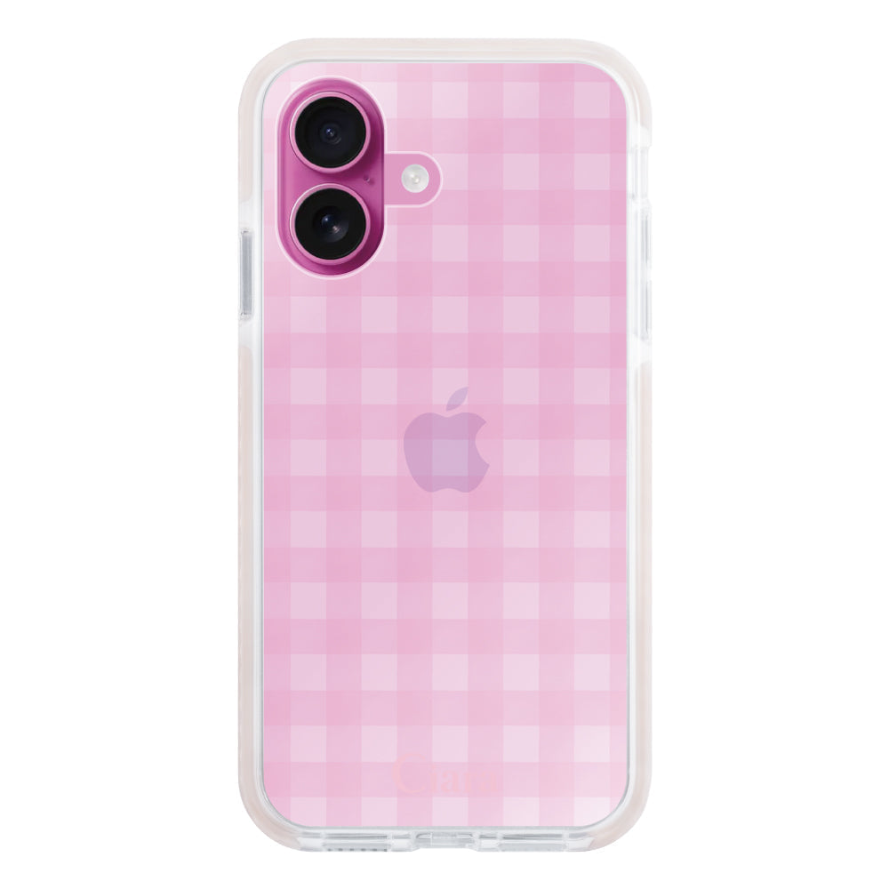 iPhone16Plusケース クッションバンパー 耐衝撃クリアケース ギンガム ピンク
