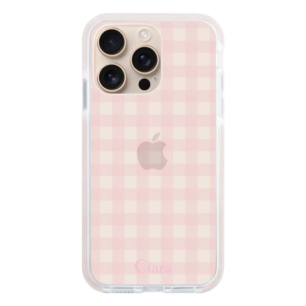 iPhone16Pro クッションバンパー 耐衝撃クリアケース ギンガム ピンク