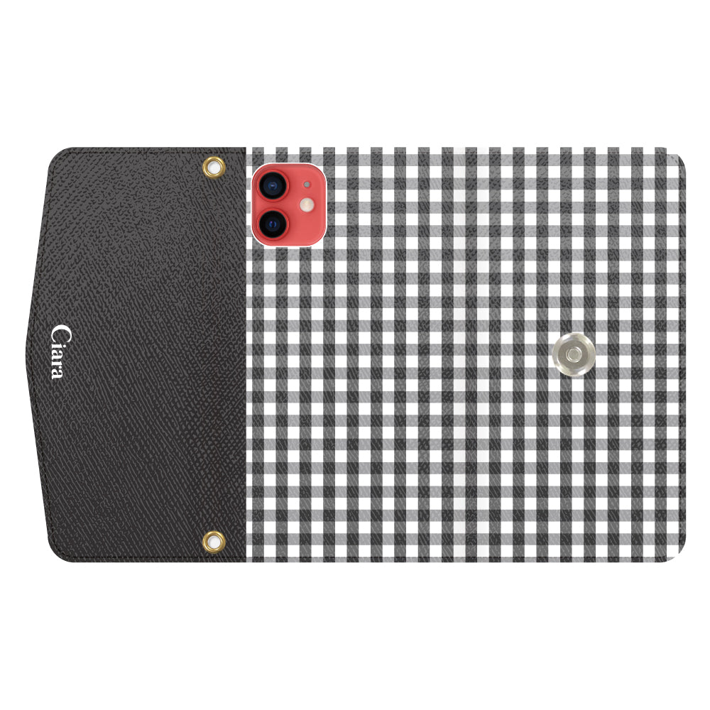 iPhone11ケース 手帳型カード収納レザーケース ギンガム ブラック
