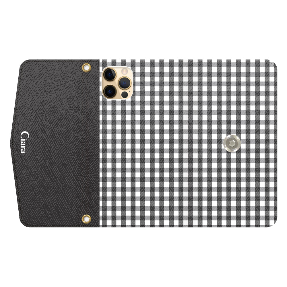 iPhone11ProMaxケース 手帳型カード収納レザーケース ギンガム ブラック