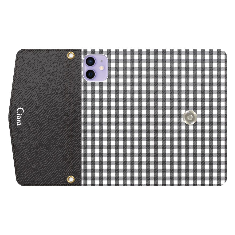iPhone12/12Proケース 手帳型カード収納レザーケース ギンガム ブラック
