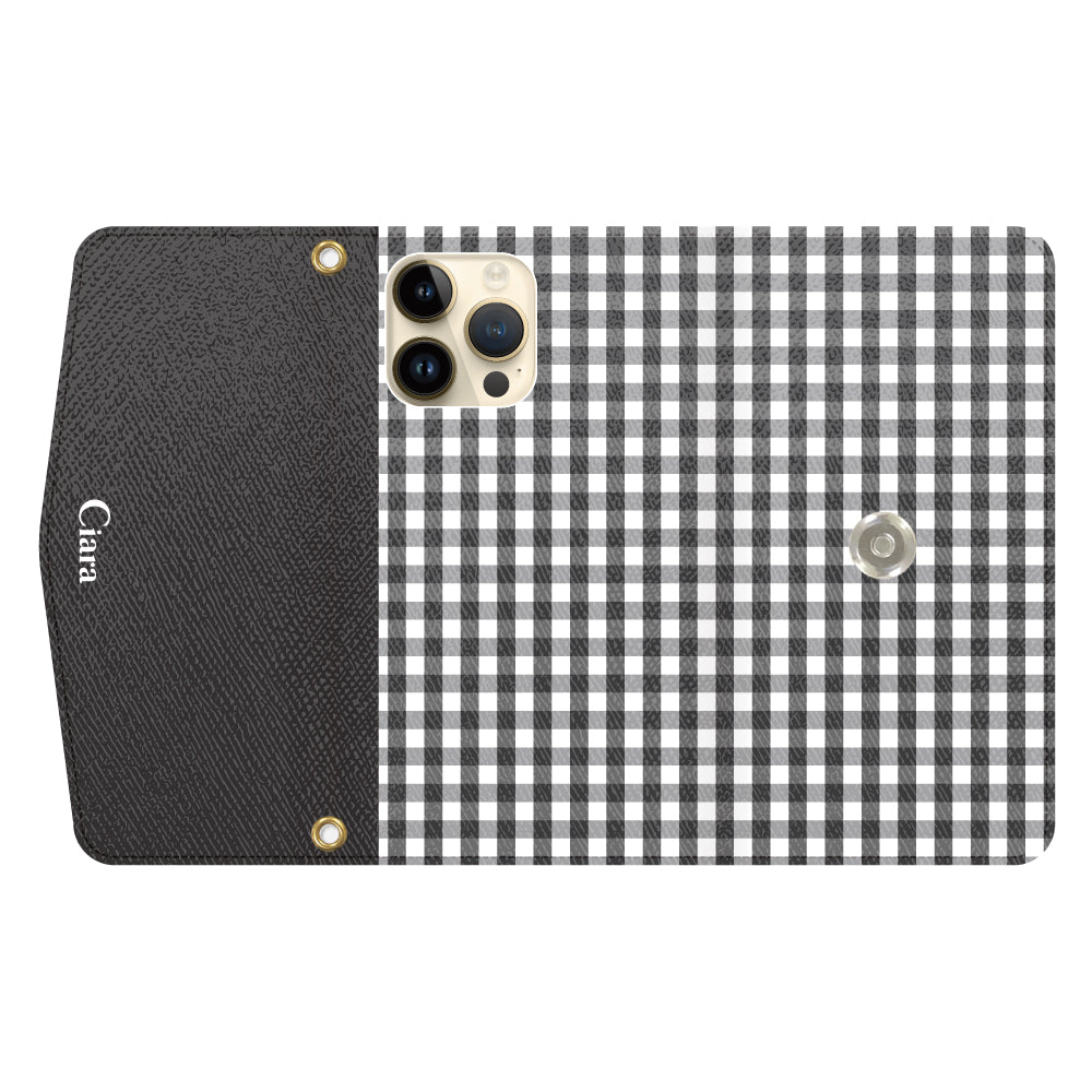 iPhone14Proケース 手帳型カード収納レザーケース ギンガム ブラック
