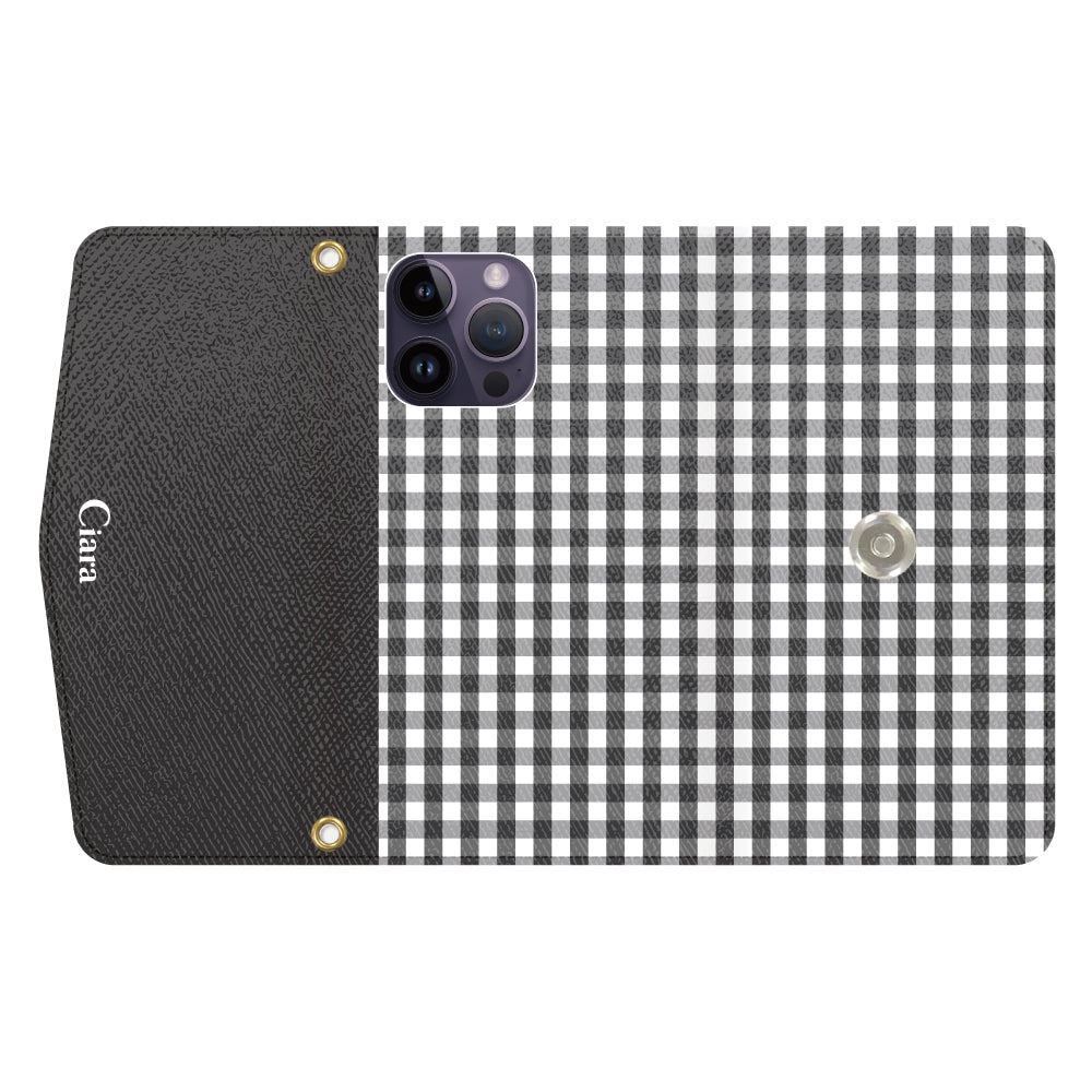 iPhone14ProMaxケース 手帳型カード収納レザーケース ギンガム ブラック