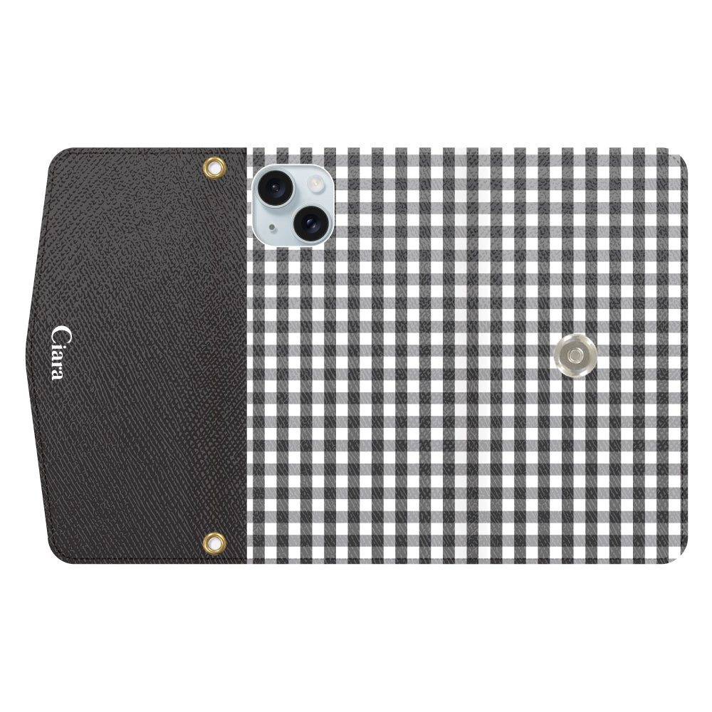 iPhone15Plusケース 手帳型カード収納レザーケース ギンガム ブラック