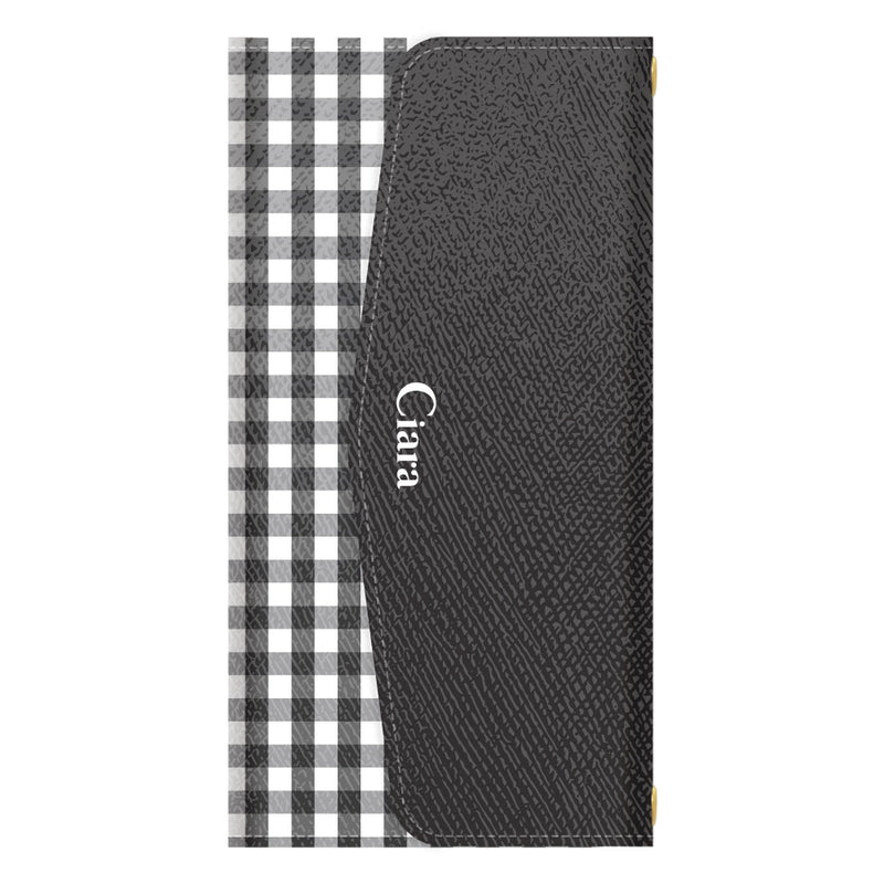 iPhoneケース カード収納 ミラー ストラップ付き レザー 三つ折り 手帳型ケース ギンガム