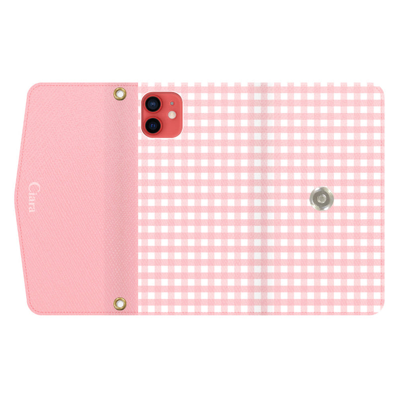 iPhoneケース カード収納 ミラー ストラップ付き レザー 三つ折り 手帳型ケース ギンガム