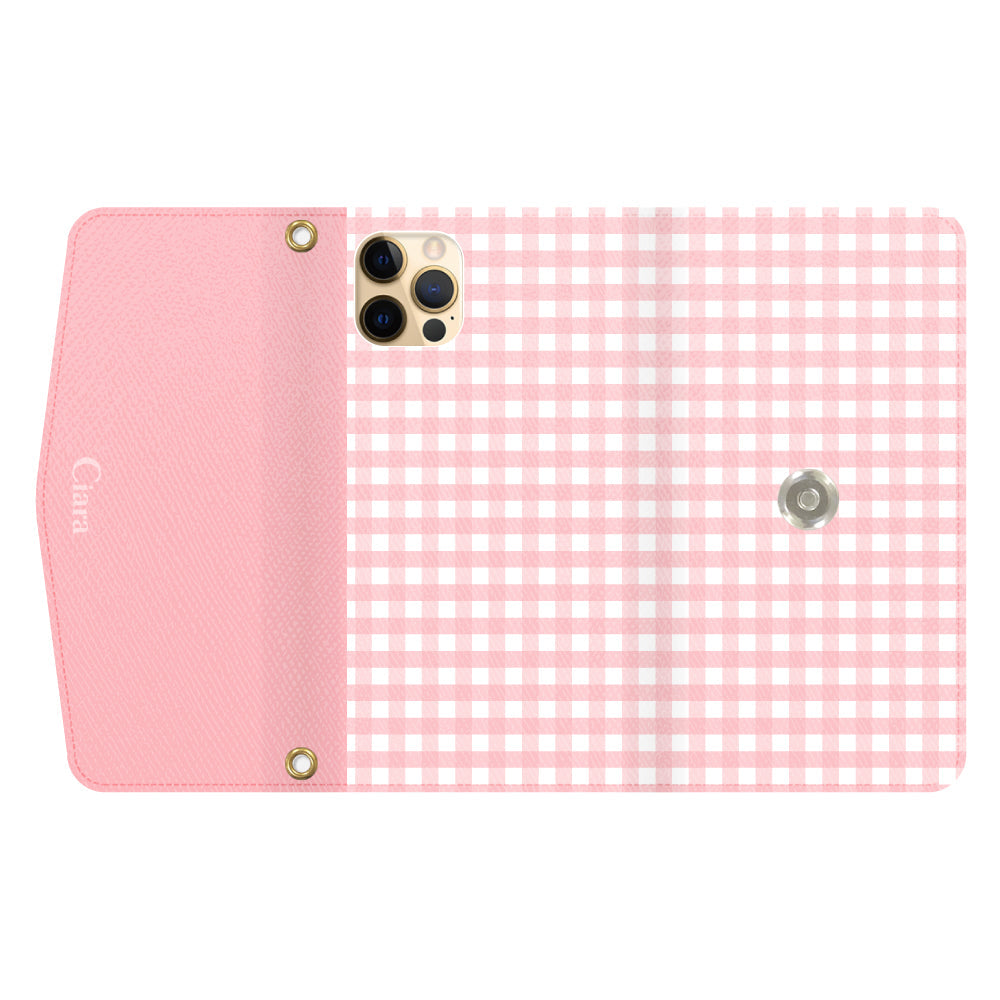 iPhone11ProMaxケース 手帳型カード収納レザーケース ギンガム ピンク