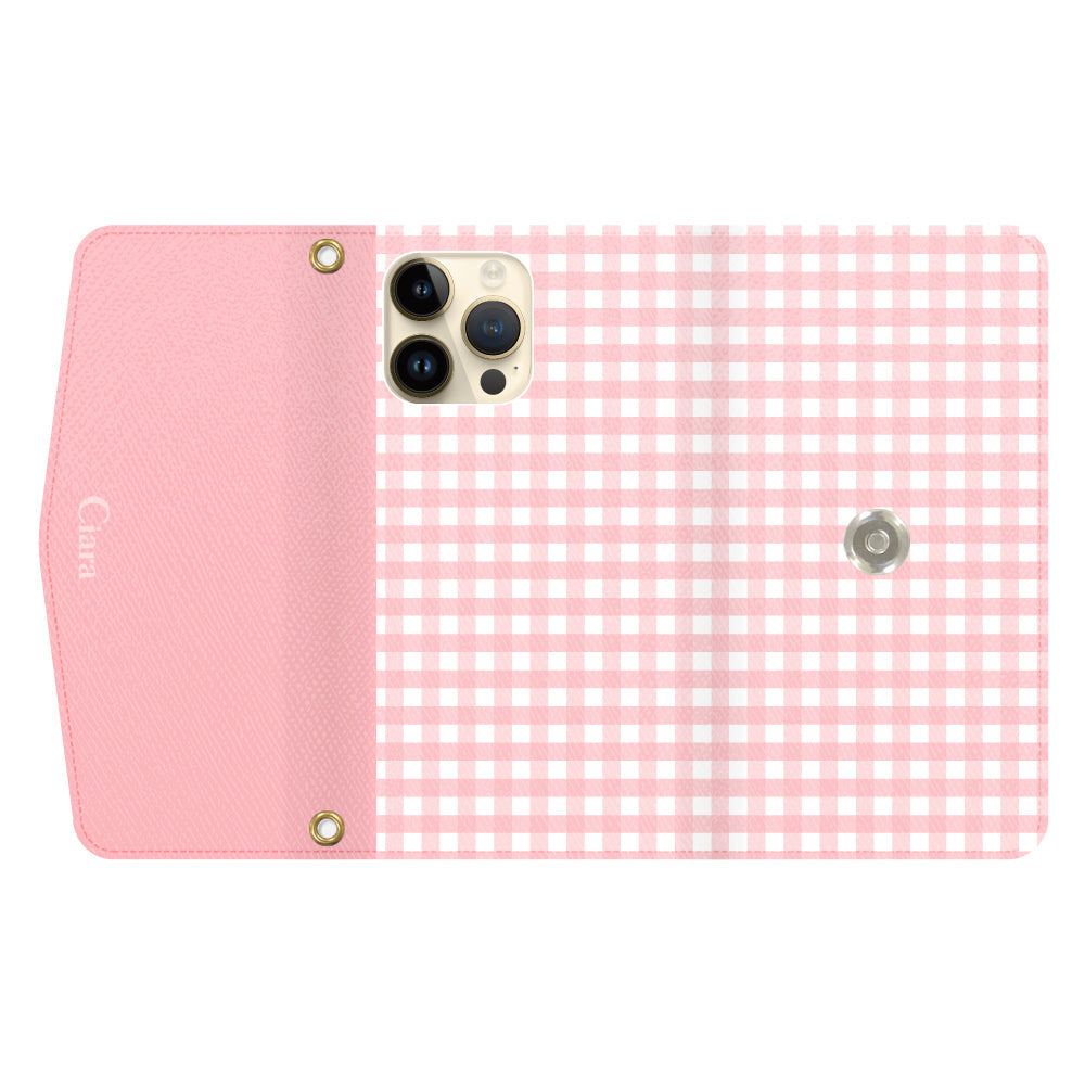 iPhone14Proケース 手帳型カード収納レザーケース ギンガム ピンク