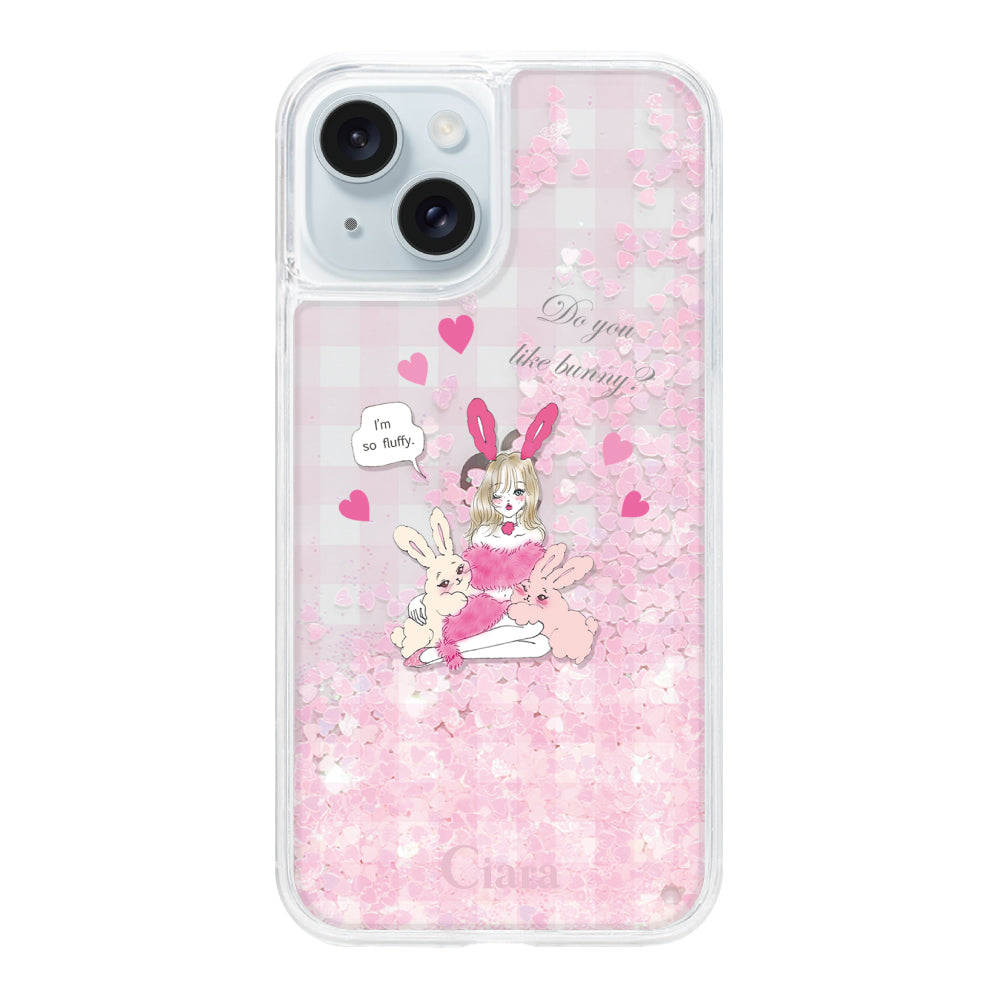 iPhone15Plus グリッター オイルクリアケース バニーガール ピンク