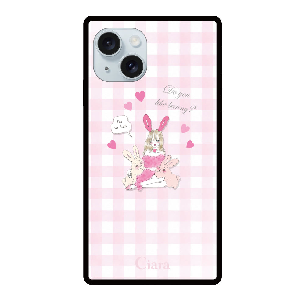 iPhone15Plusケース スクエア 強化ガラスケース バニーガール ピンクチェック