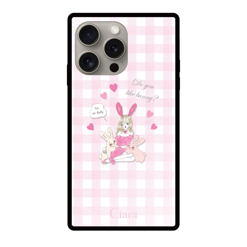 iPhone15Proケース スクエア 強化ガラスケース バニーガール ピンクチェック
