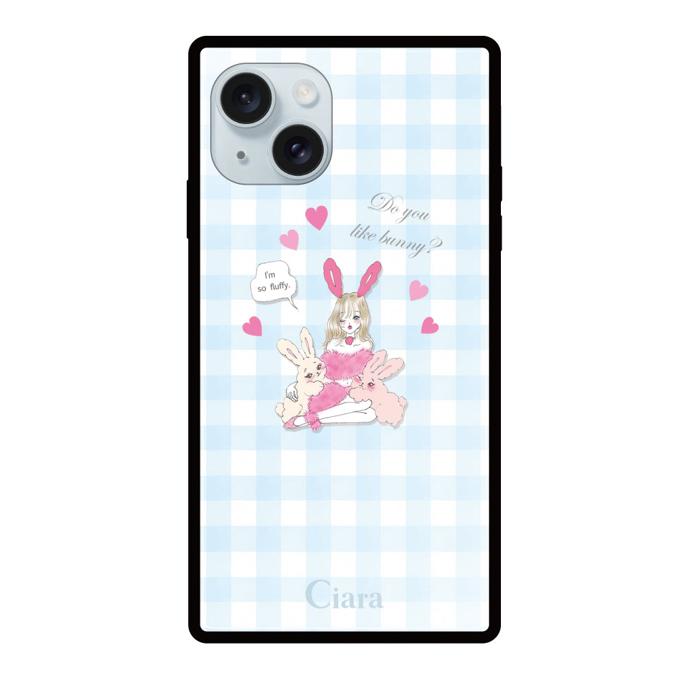 iPhone15Plusケース スクエア 強化ガラスケース バニーガール ブルーチェック