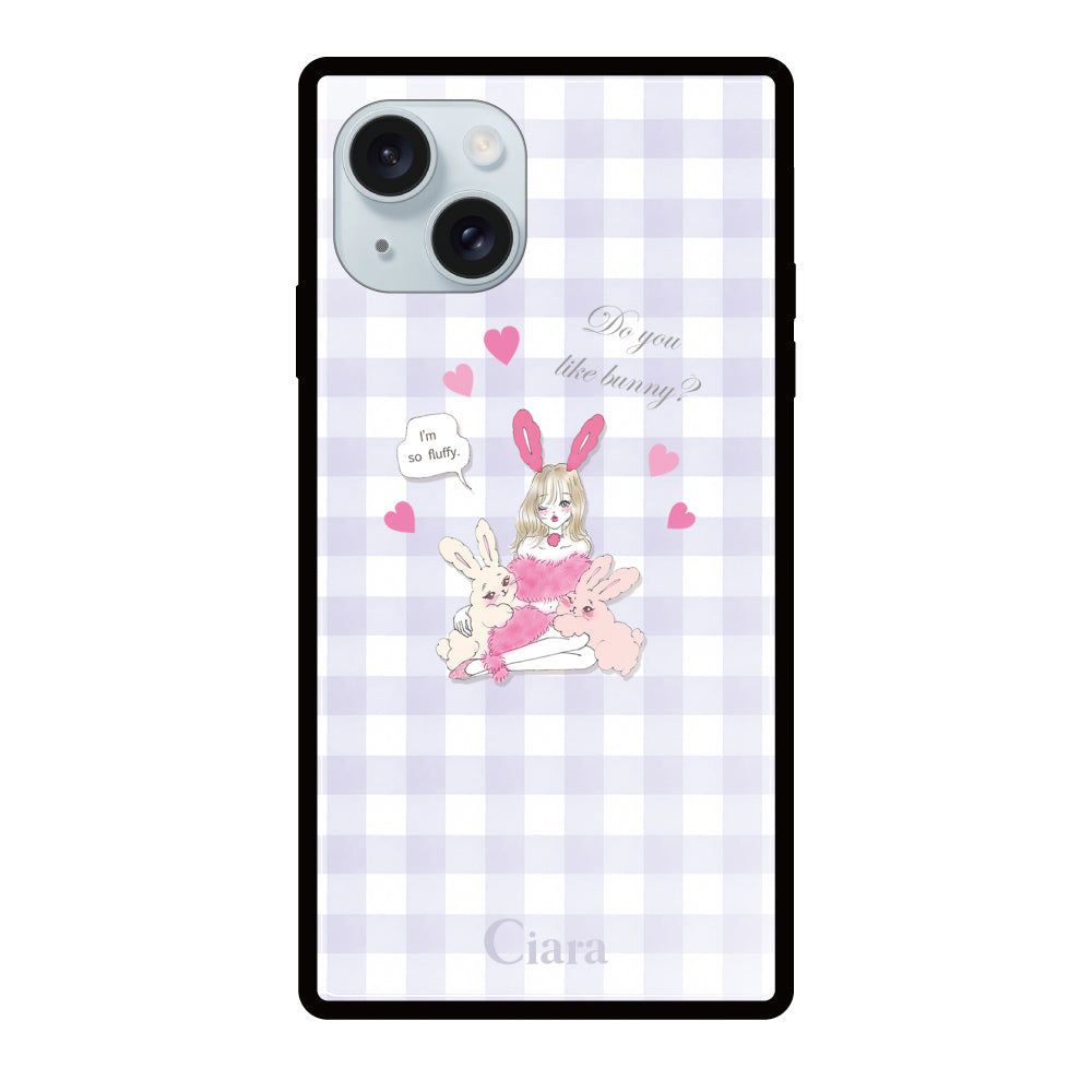 iPhone15Plusケース スクエア 強化ガラスケース バニーガール パープルチェック