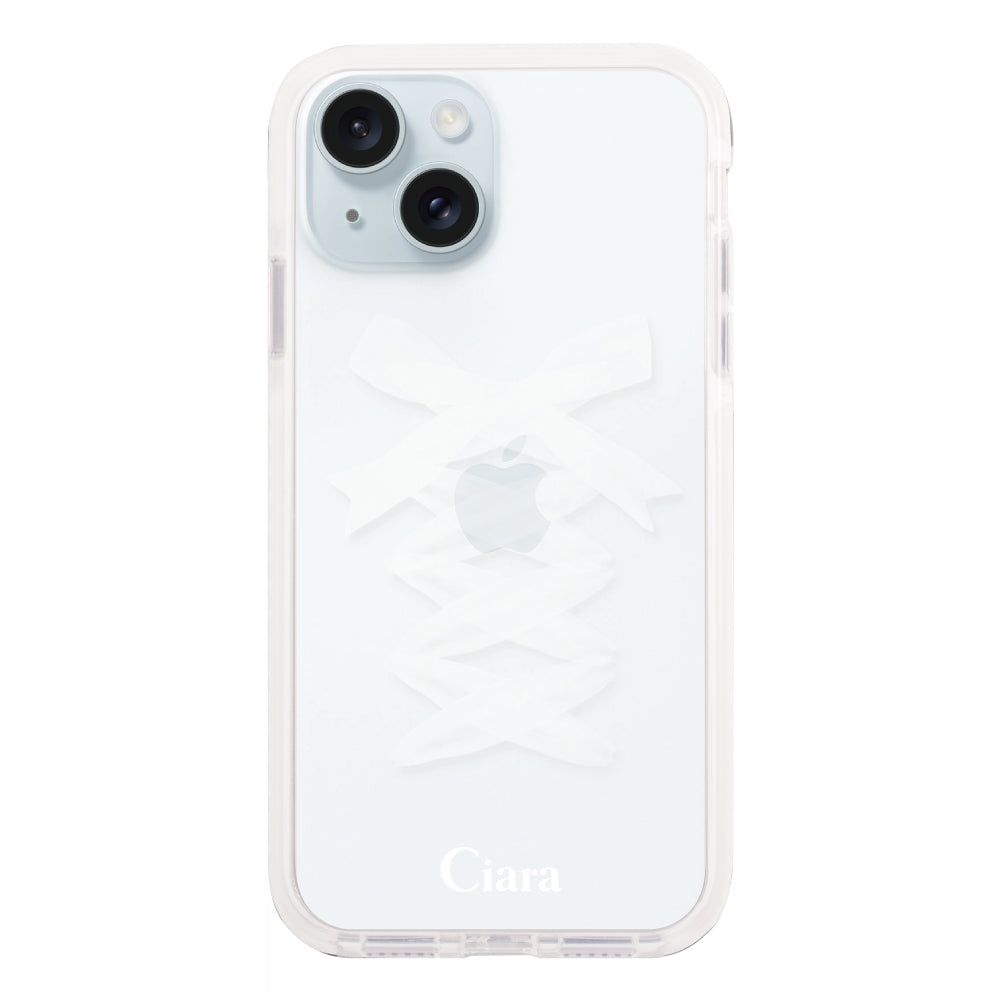 iPhone15Plus クッションバンパー 耐衝撃クリアケース レースアップリボン ホワイト