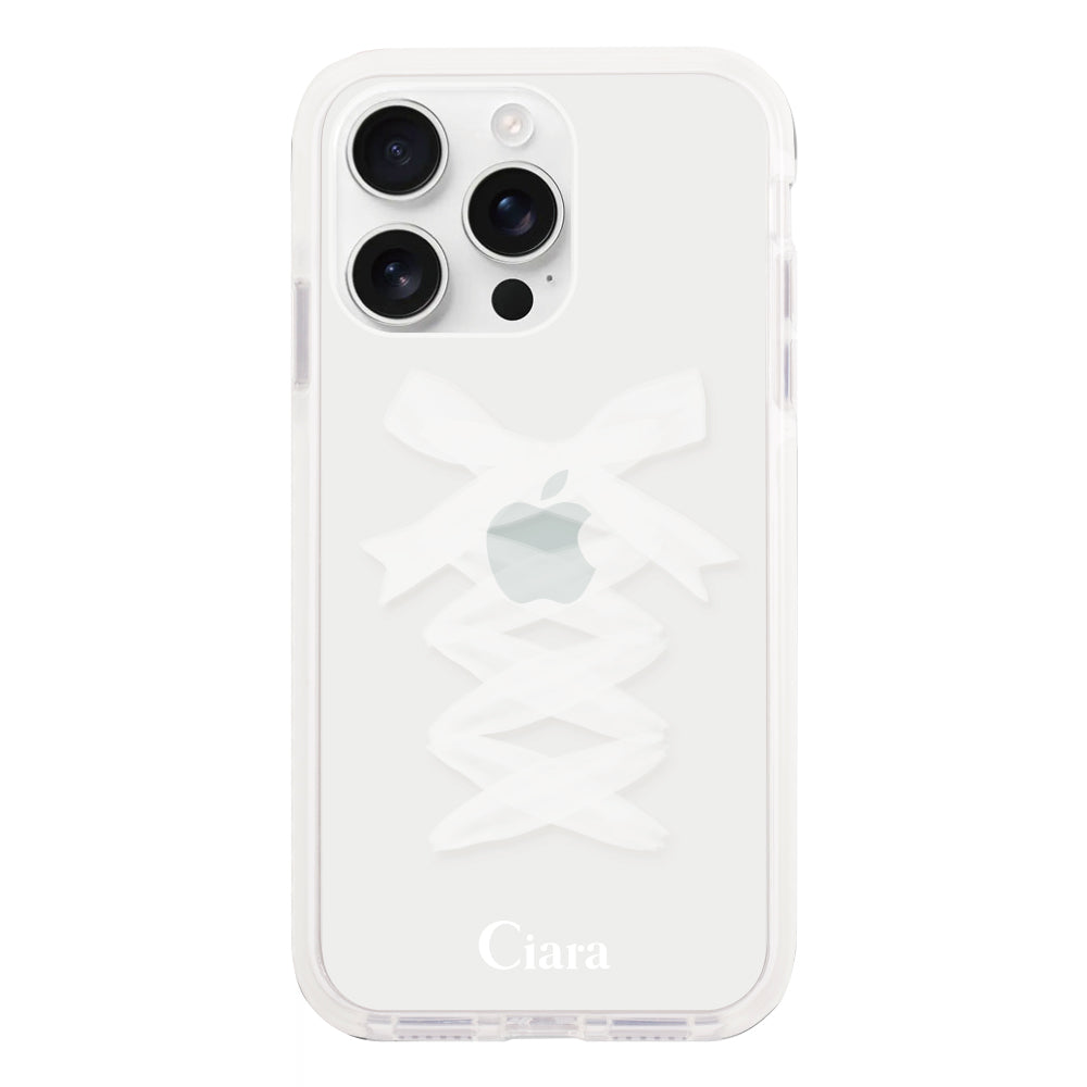 iPhone16ProMax クッションバンパー 耐衝撃クリアケース レースアップリボン ホワイト