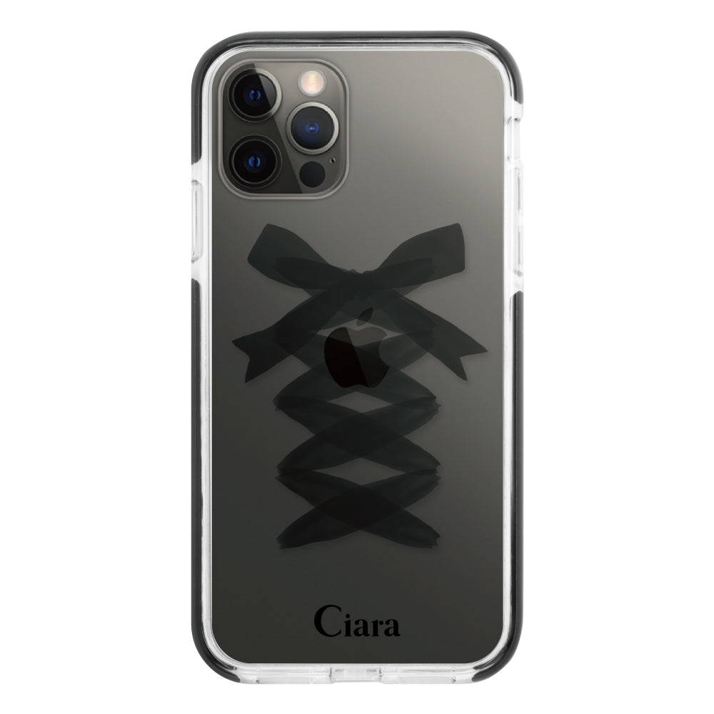 iPhoneX/XS クッションバンパー 耐衝撃クリアケース レースアップリボン ブラック