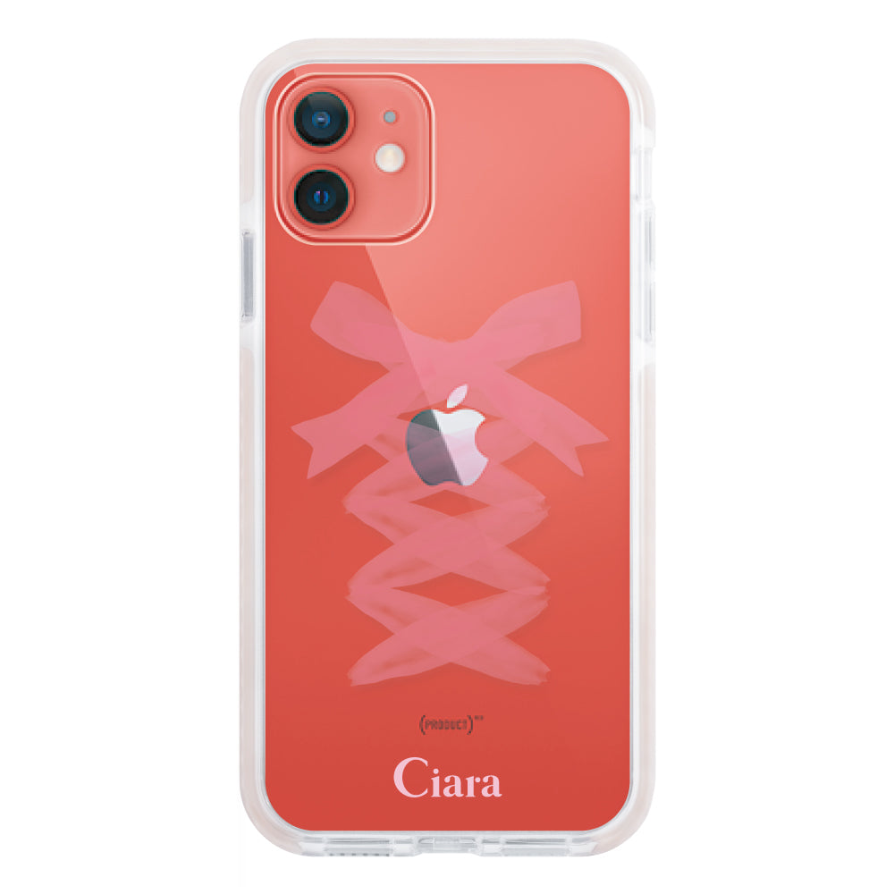 iPhone11 クッションバンパー 耐衝撃クリアケース レースアップリボン ピンク