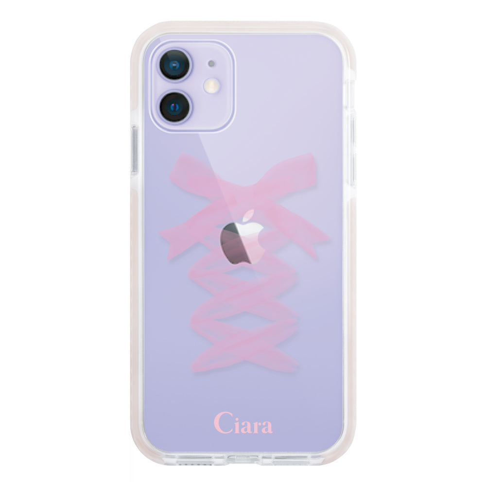 iPhone12/12Pro クッションバンパー 耐衝撃クリアケース レースアップリボン ピンク