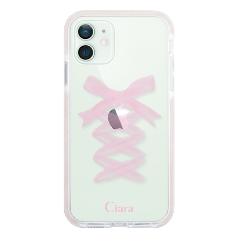 iPhone12mini クッションバンパー 耐衝撃クリアケース レースアップリボン ピンク