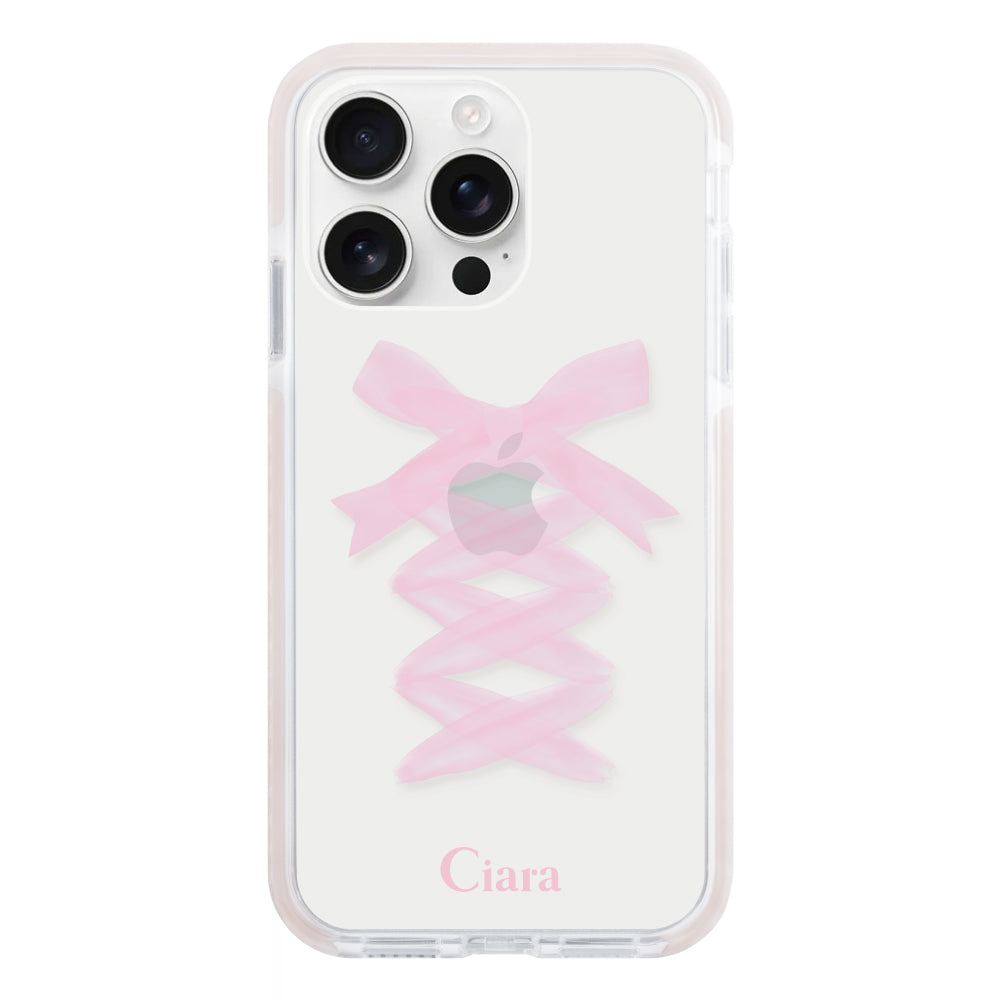 iPhone16ProMax クッションバンパー 耐衝撃クリアケース レースアップリボン ピンク