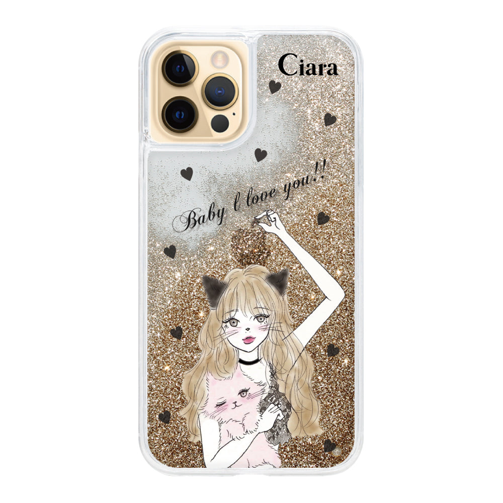 iPhoneケース グリッター オイルクリアケース ブラックキャットガール