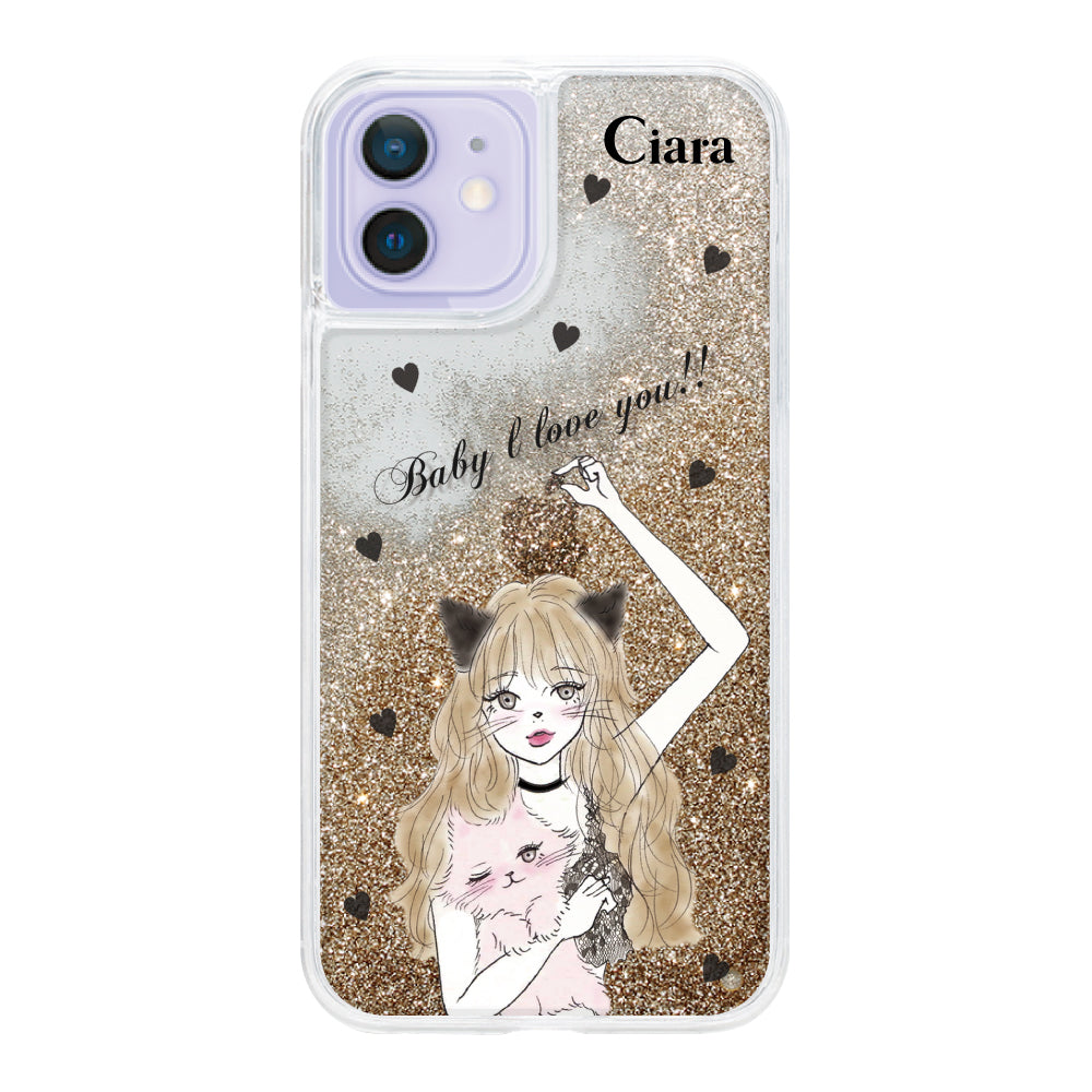 iPhoneケース グリッター オイルクリアケース ブラックキャットガール