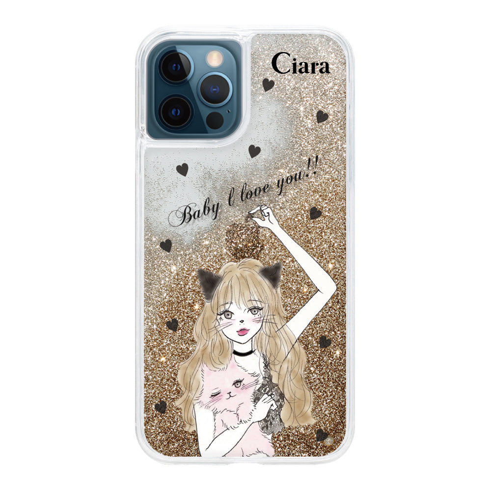 iPhoneケース グリッター オイルクリアケース ブラックキャットガール