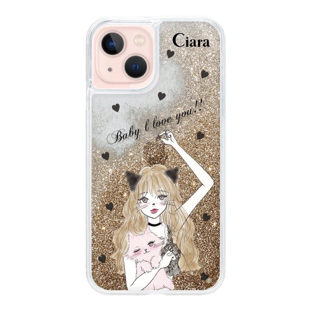 iPhoneケース グリッター オイルクリアケース ブラックキャットガール