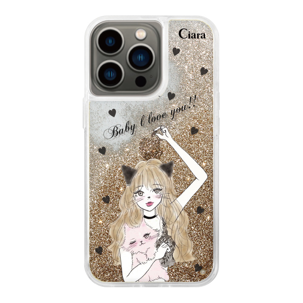 iPhoneケース グリッター オイルクリアケース ブラックキャットガール