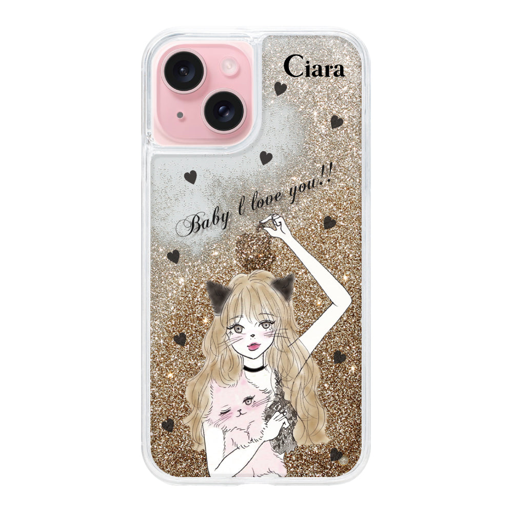 iPhone15 グリッター オイルクリアケース ブラックキャットガール ゴールド