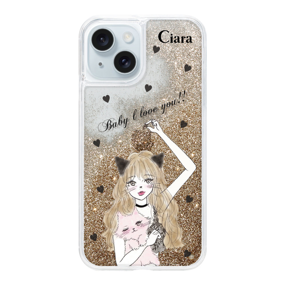 iPhone15Plus グリッター オイルクリアケース ブラックキャットガール ゴールド