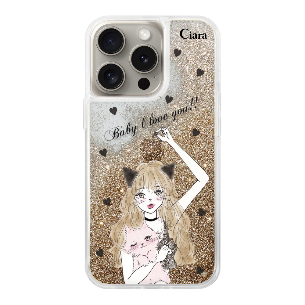 iPhone15Pro グリッター オイルクリアケース ブラックキャットガール ゴールド