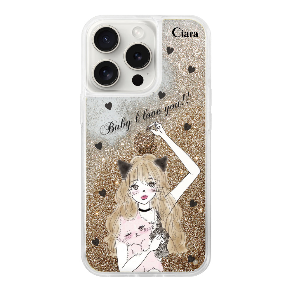 iPhone15ProMax グリッター オイルクリアケース ブラックキャットガール ゴールド