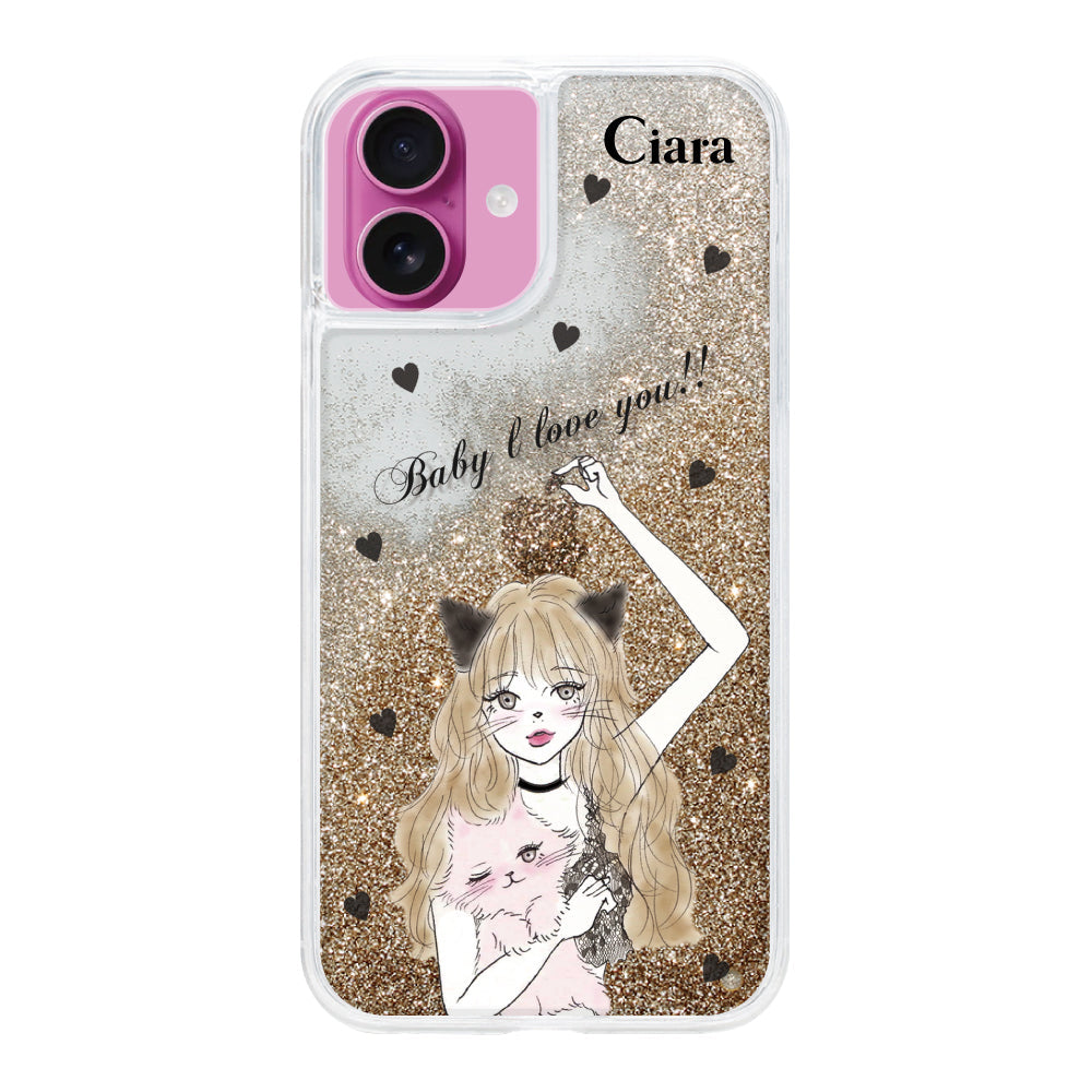 iPhoneケース グリッター オイルクリアケース ブラックキャットガール