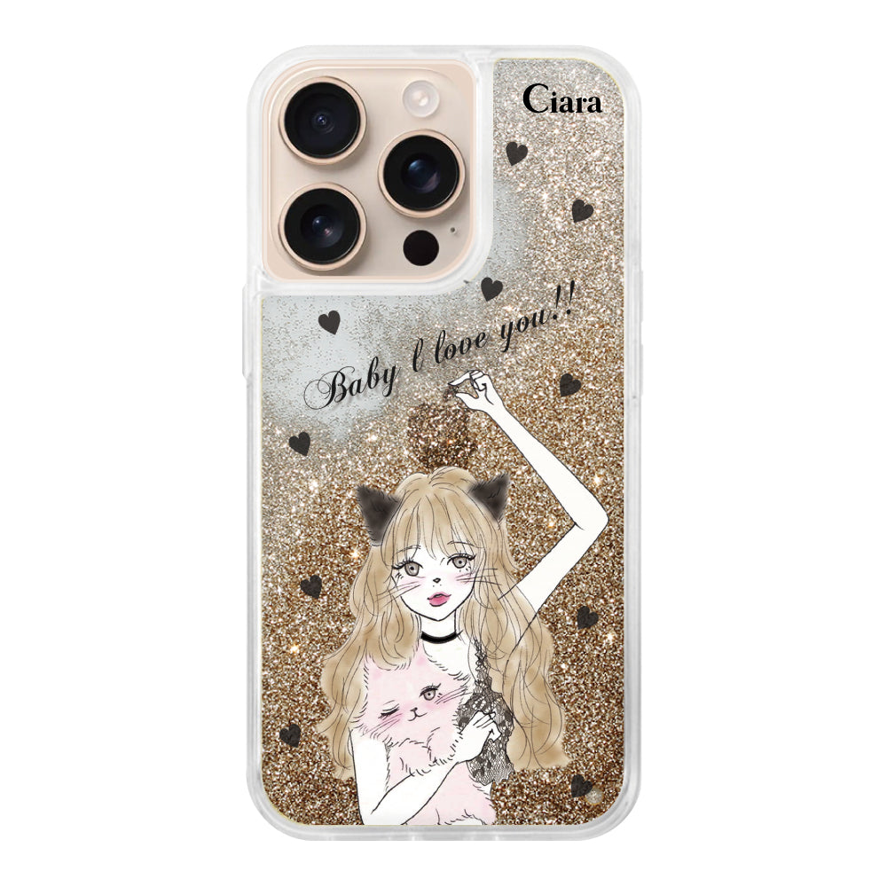 iPhone16Pro グリッター オイルクリアケース ブラックキャットガール ゴールド