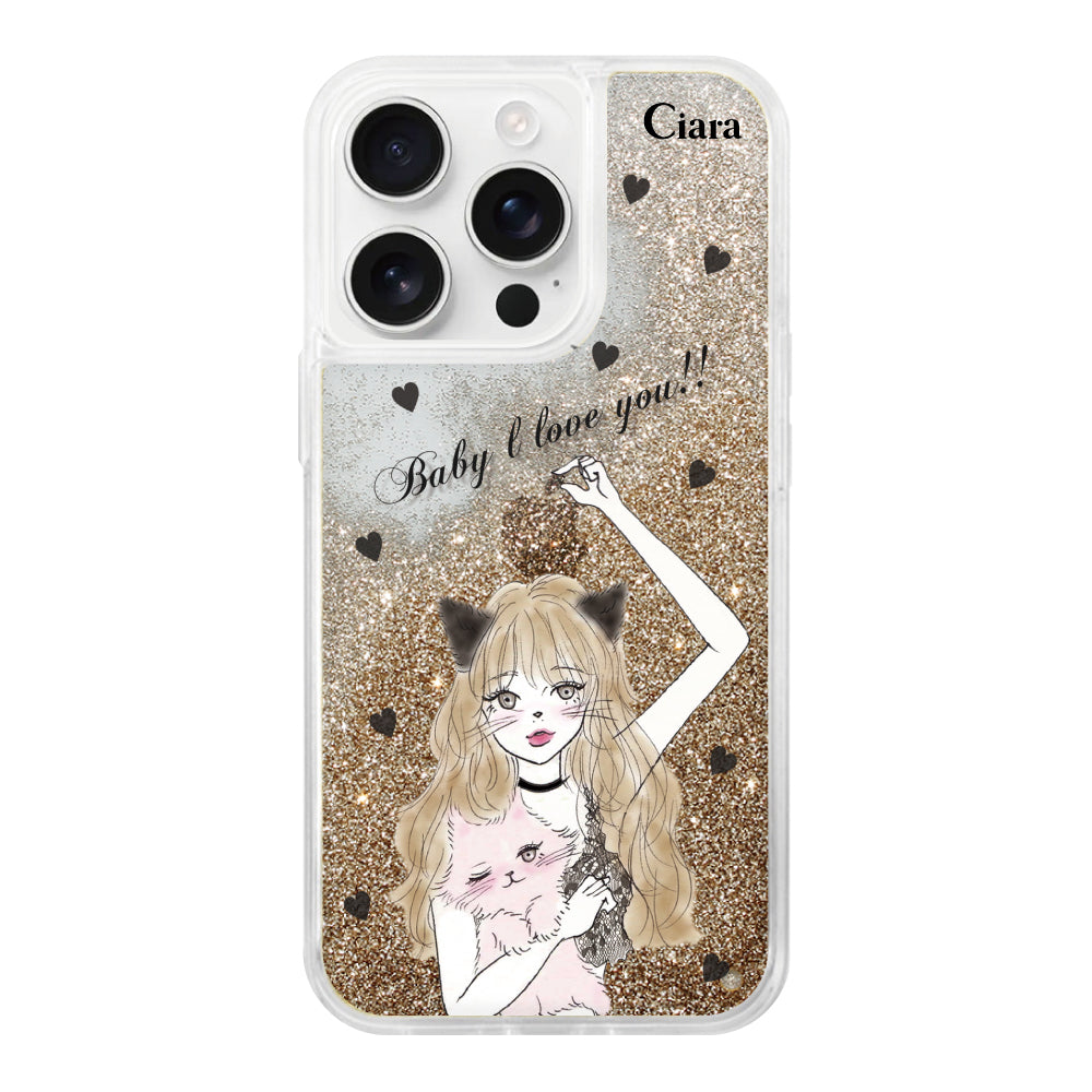 iPhone16ProMax グリッター オイルクリアケース ブラックキャットガール ゴールド