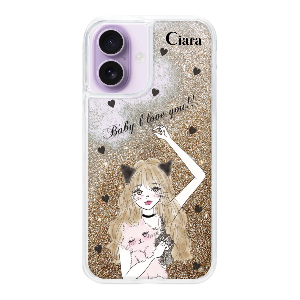 iPhone17 グリッター オイルクリアケース ブラックキャットガール ゴールド