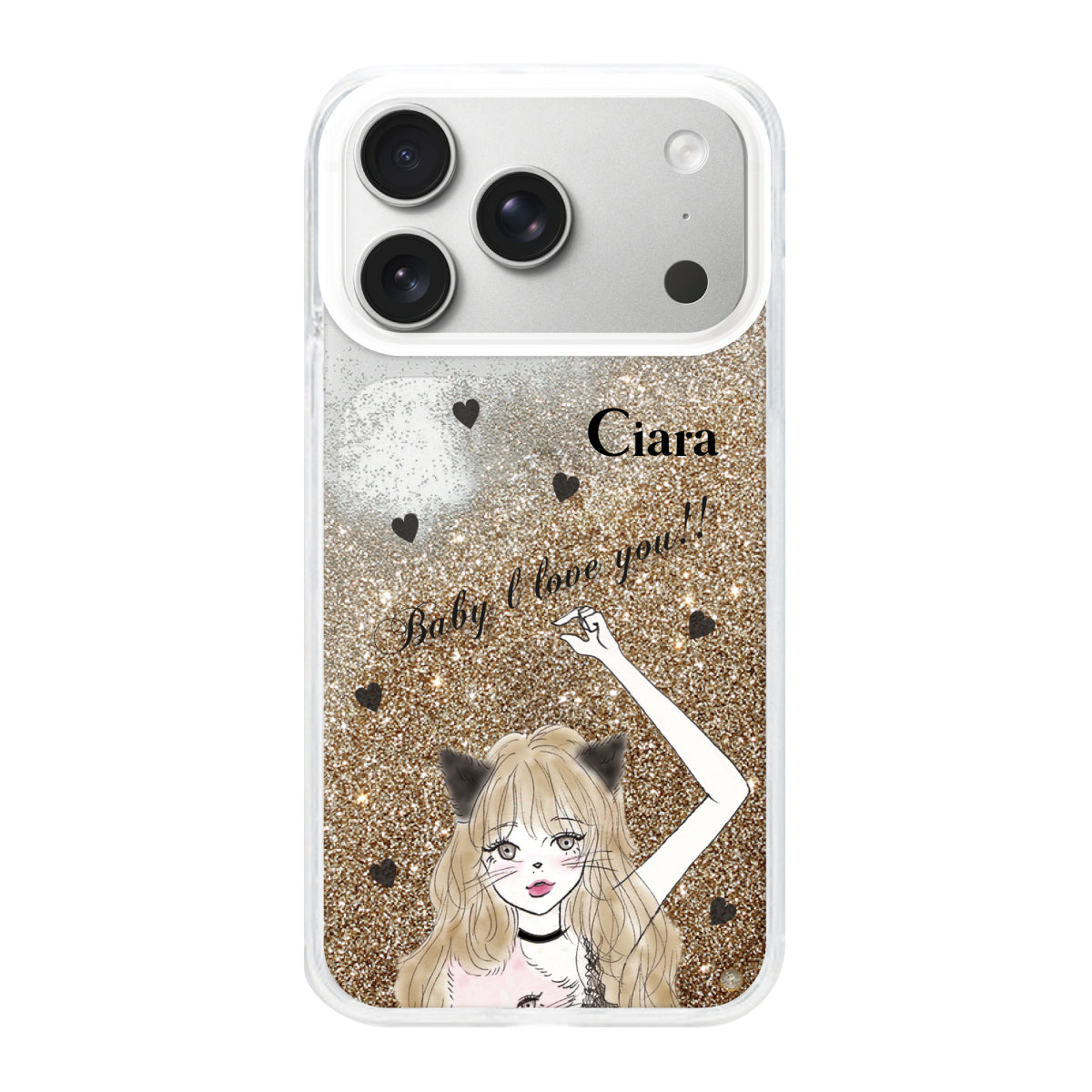 iPhone17Pro グリッター オイルクリアケース ブラックキャットガール ゴールド