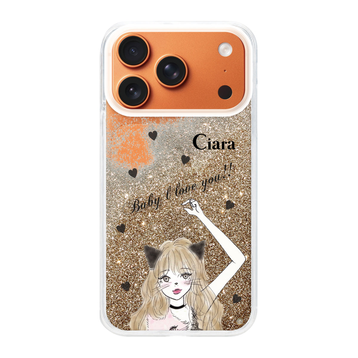 iPhone17ProMax グリッター オイルクリアケース ブラックキャットガール ゴールド