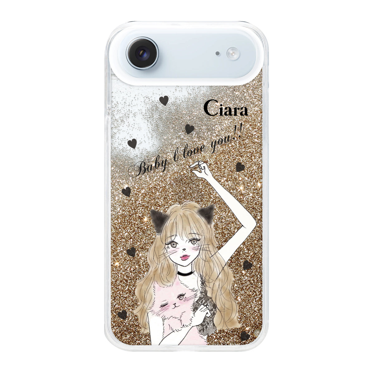 iPhoneAir グリッター オイルクリアケース ブラックキャットガール ゴールド