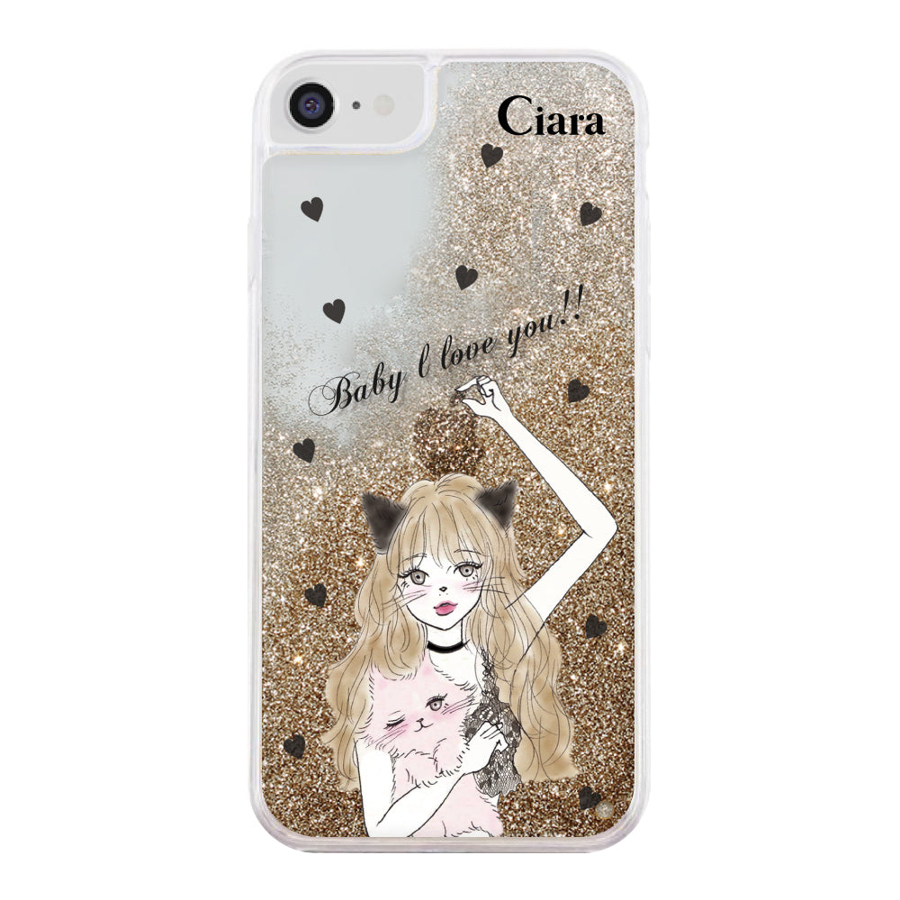 iPhoneケース グリッター オイルクリアケース ブラックキャットガール
