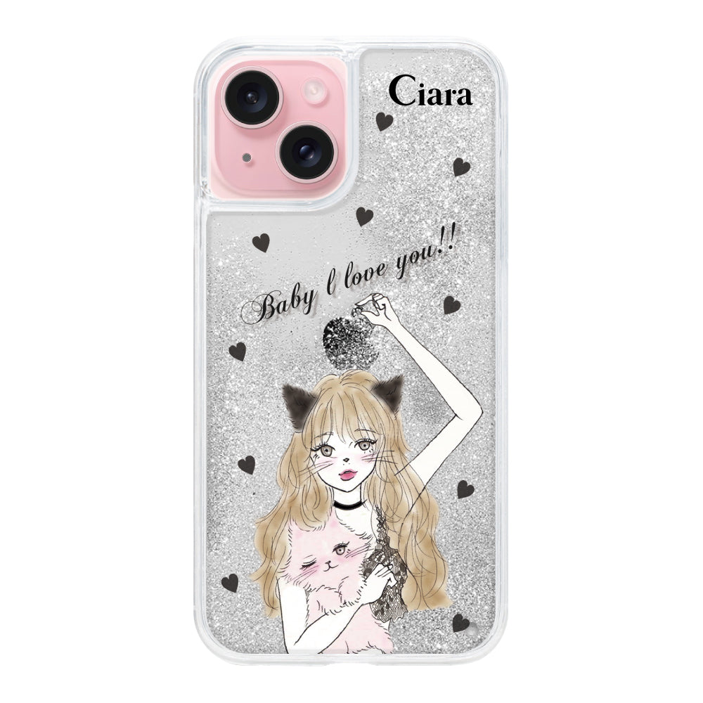 iPhone15 グリッター オイルクリアケース ブラックキャットガール シルバー