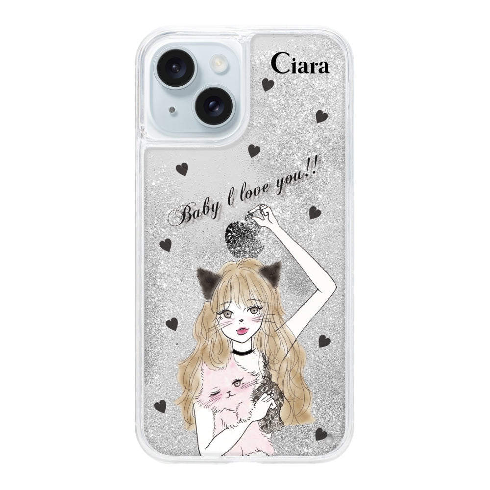 iPhone15Plus グリッター オイルクリアケース ブラックキャットガール シルバー