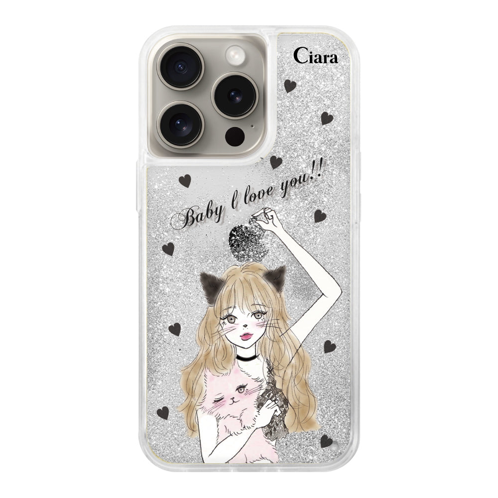 iPhone15Pro グリッター オイルクリアケース ブラックキャットガール シルバー